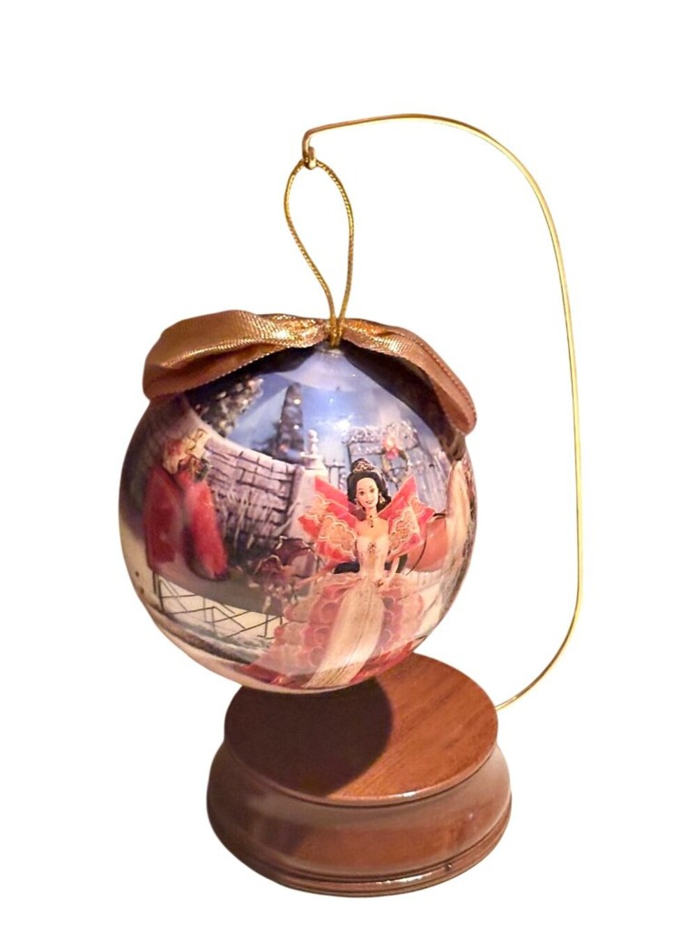 1997 Holiday Barbie 4" Decoupage Ornament Gold Bow & Wooden Stand Original Box